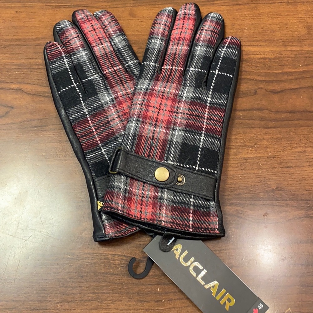 Ladies Belted tartan plaid winter gloves wool w/ sheepskin leather